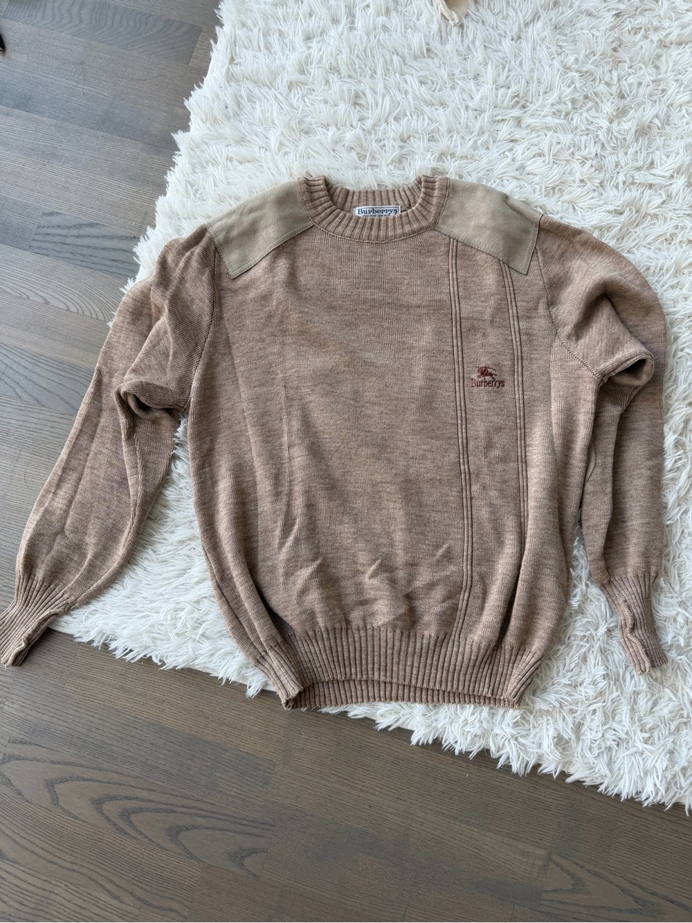 Burberry Men's Brown Tan Crewneck Sweater with Shoulder Panels